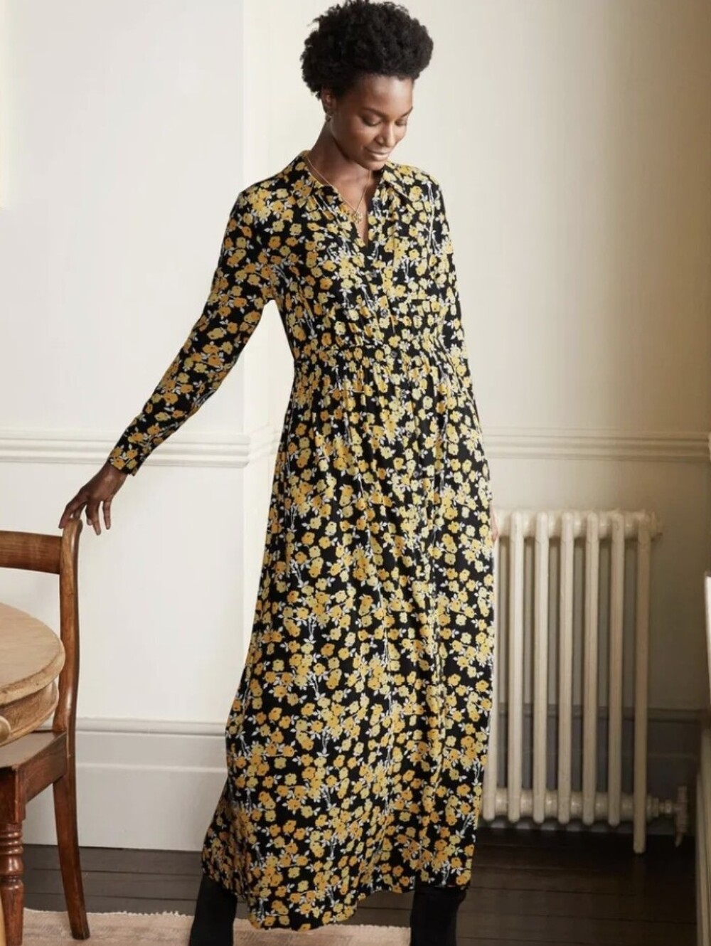 Boden Jessie Maxi Shirt Dress Navy Mustard Ditsy Floral Plus Size 20/22 Pockets